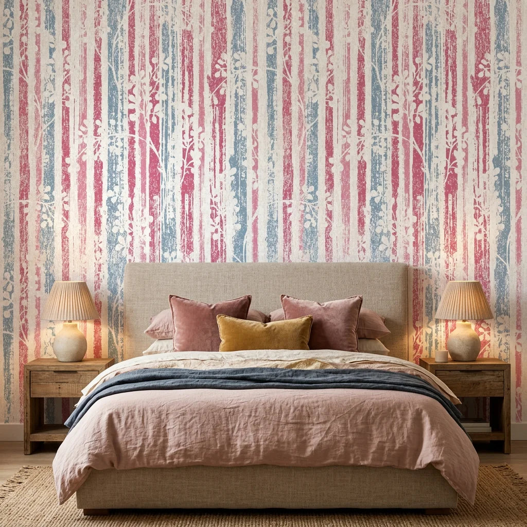 Faded Orchard Drift pink and blue floral wallpaper in a warm and inviting living room