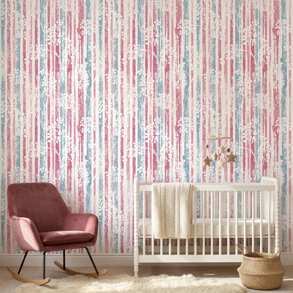 Faded Orchard Drift pink and blue floral wallpaper adding character to a cozy bedroom