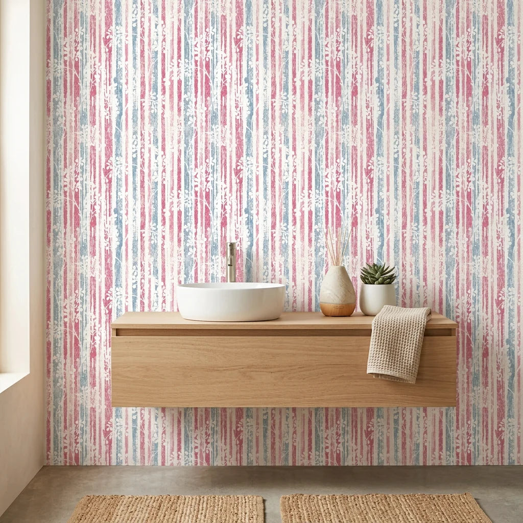 Faded Orchard Drift pink and blue floral wallpaper as a feature wall in a bright home office