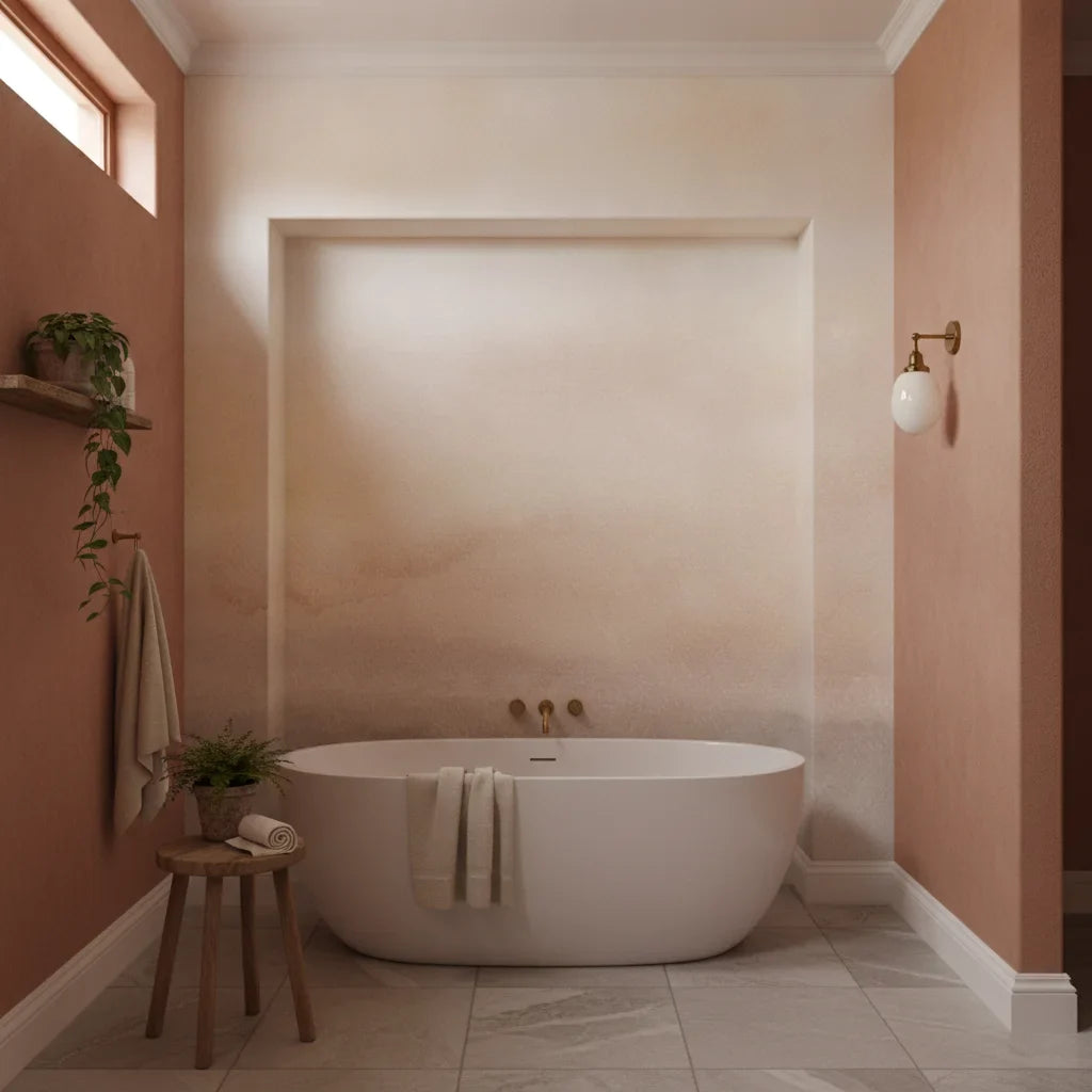 Faded Bloom soft blush watercolor as a feature wall in a bright home office