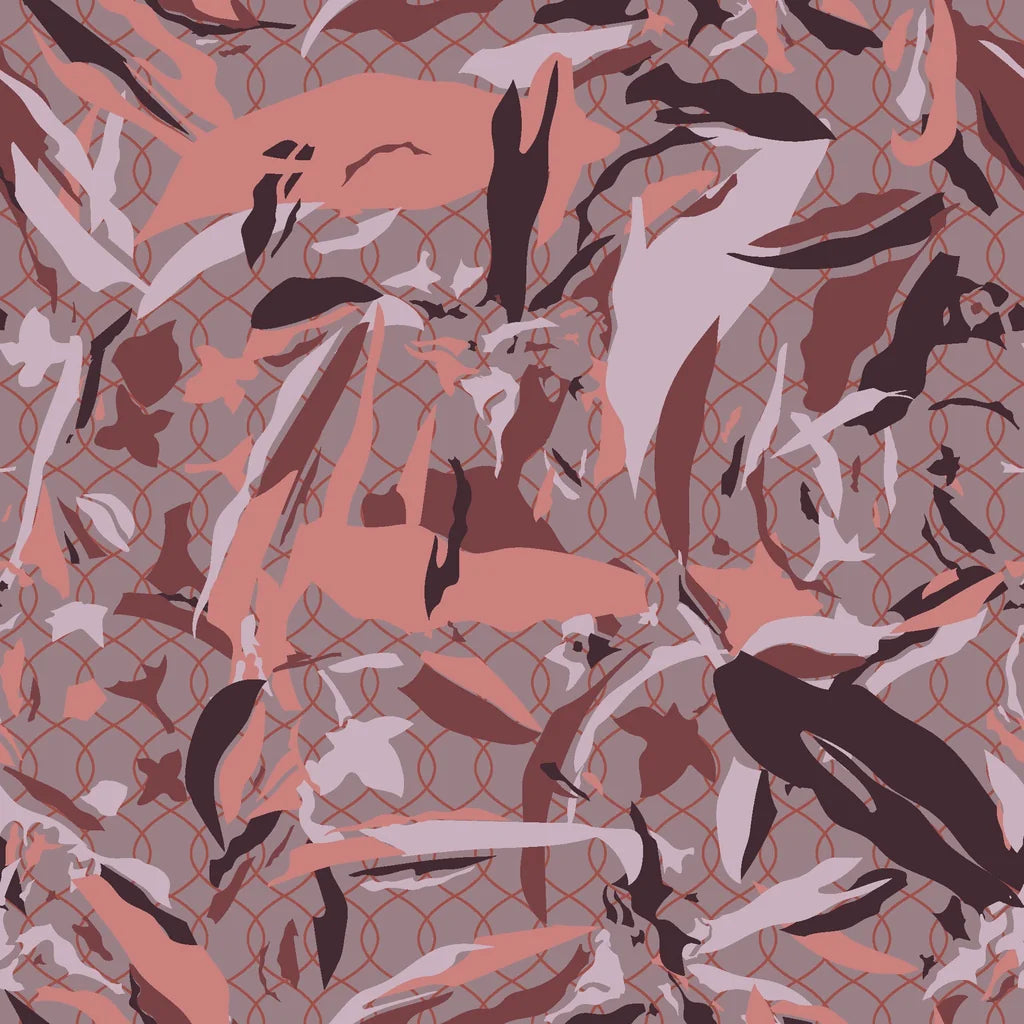 Abstract camouflage wallpaper featuring a pink and maroon lattice pattern, peel and stick material, named Faded Lattice
