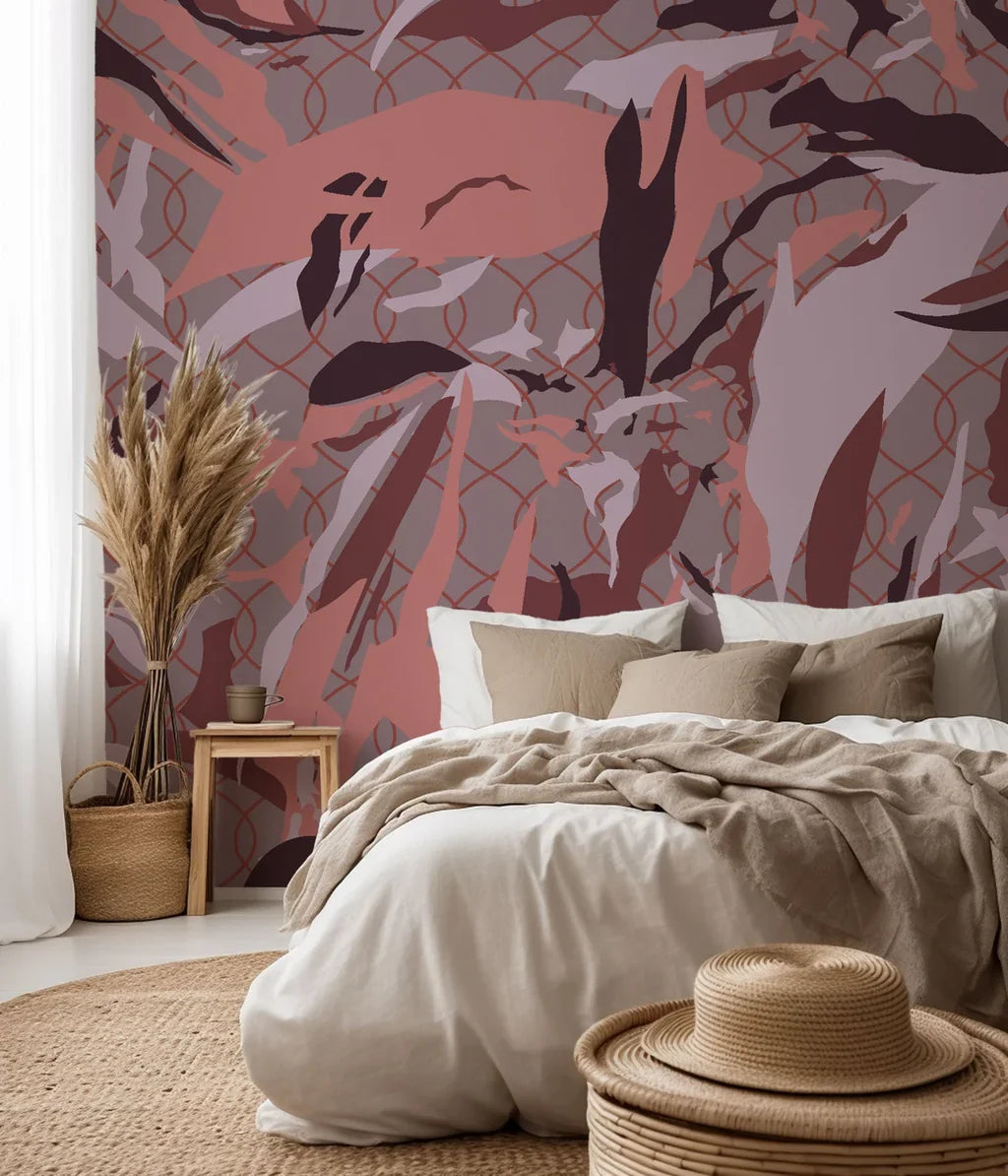 Self-adhesive wall covering featuring an abstract blush and burgundy camouflage lattice pattern