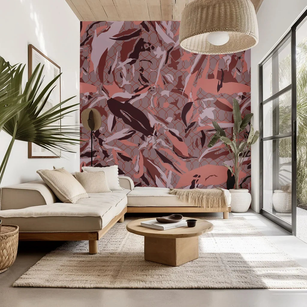 A self-adhesive, removable wall covering featuring an abstract camouflage lattice pattern in shades of pink and maroon