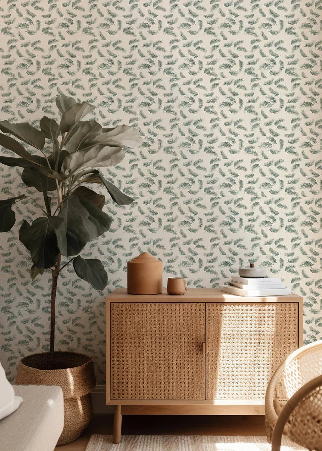 Wallpaper with a pattern of lush green palm fronds set against an achromatic background