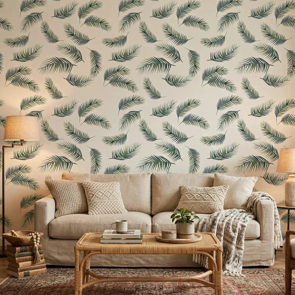 Fallen Ferns Wallpaper neutral botanical palm leaf design in a warm and inviting living room