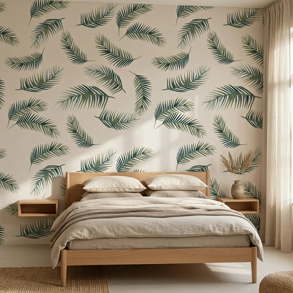 Fallen Ferns Wallpaper neutral botanical palm leaf design adding character to a cozy bedroom