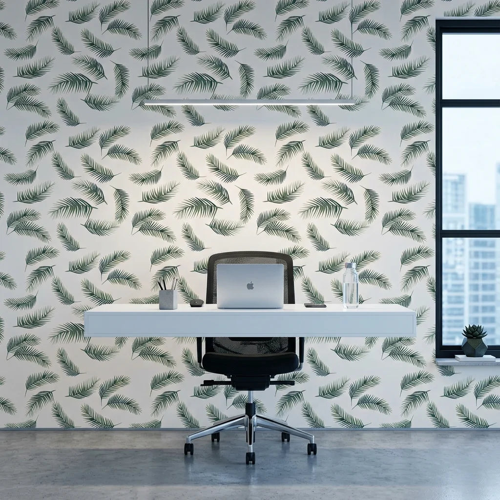 Fallen Ferns Wallpaper neutral botanical palm leaf design as a feature wall in a bright home office