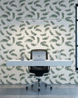 Fallen Ferns Wallpaper neutral botanical palm leaf design as a feature wall in a bright home office