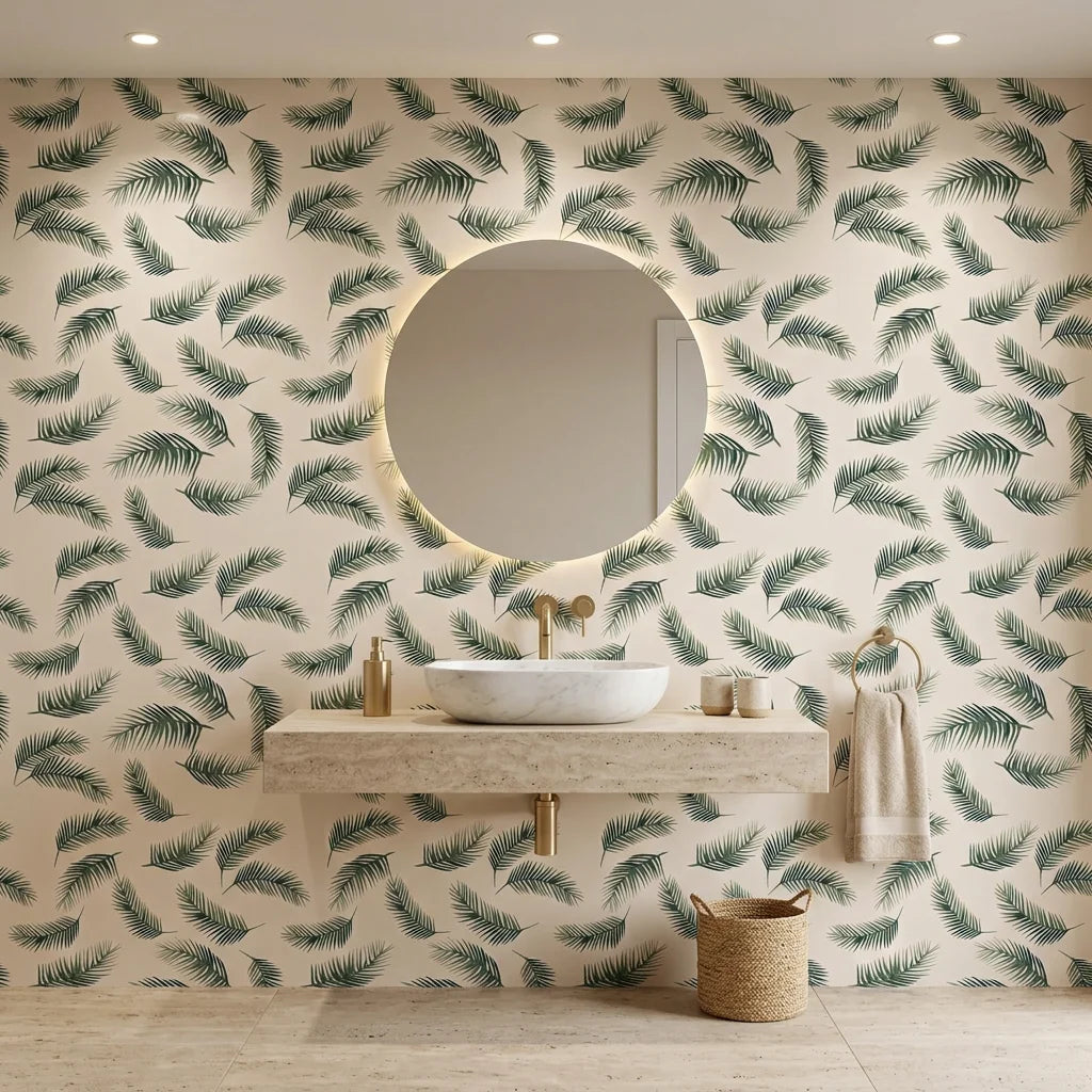 Fallen Ferns Wallpaper neutral botanical palm leaf design creating ambiance in a serene bathroom