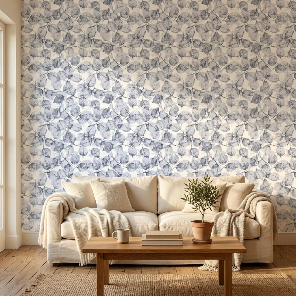 Gray and white Fallen Leaves botanical wallpaper on bedroom accent wall with natural linen bedding