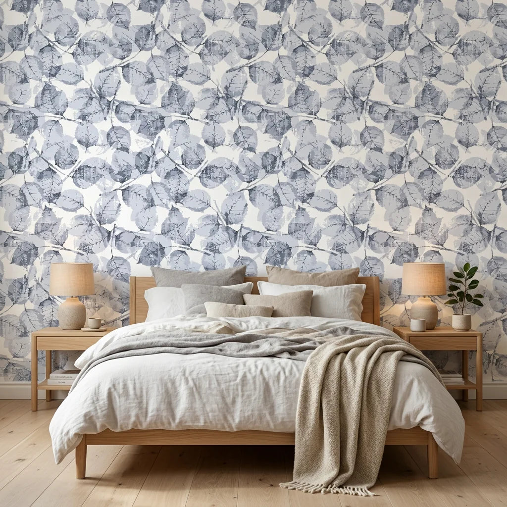 Fallen Leaves removable wallpaper in blue and gray tones on modern home office accent wall