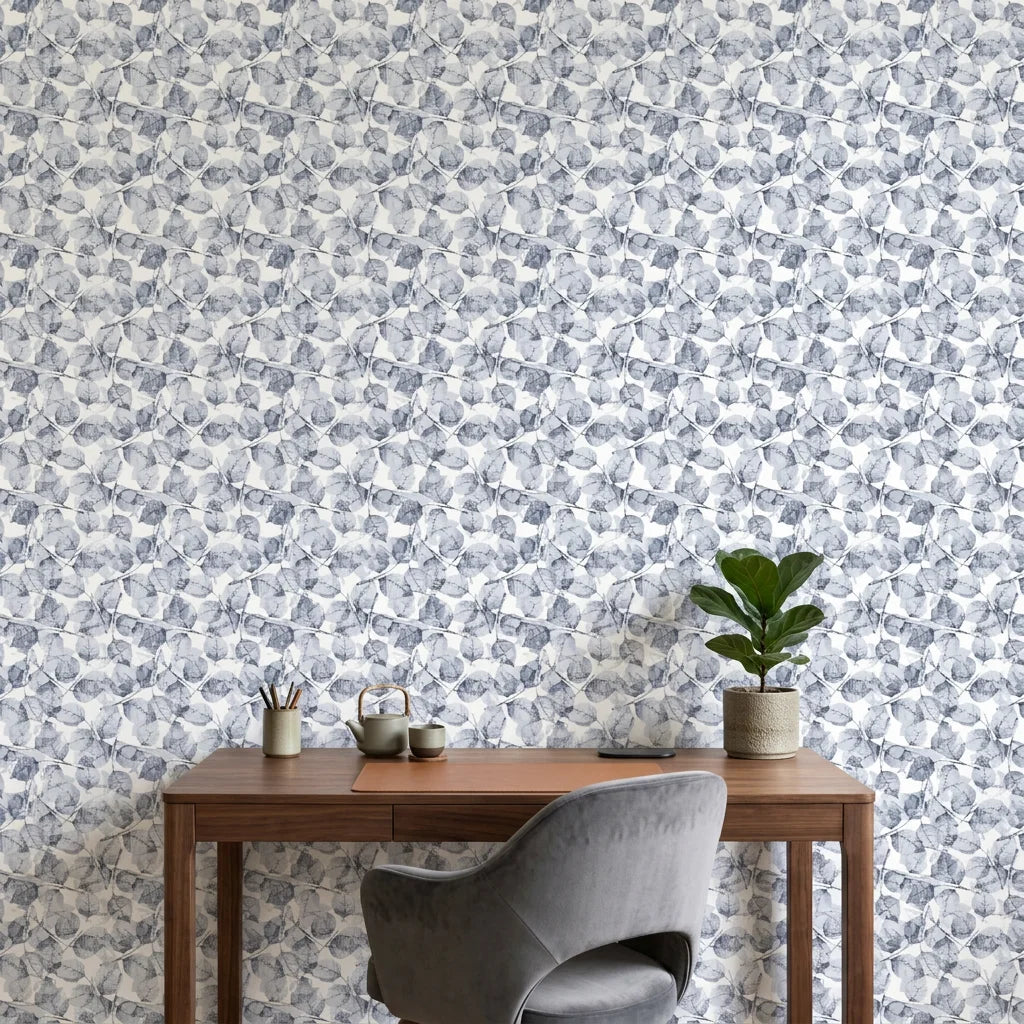 Blue and grey Fallen Leaves peel and stick wallpaper in modern bathroom with floating vanity