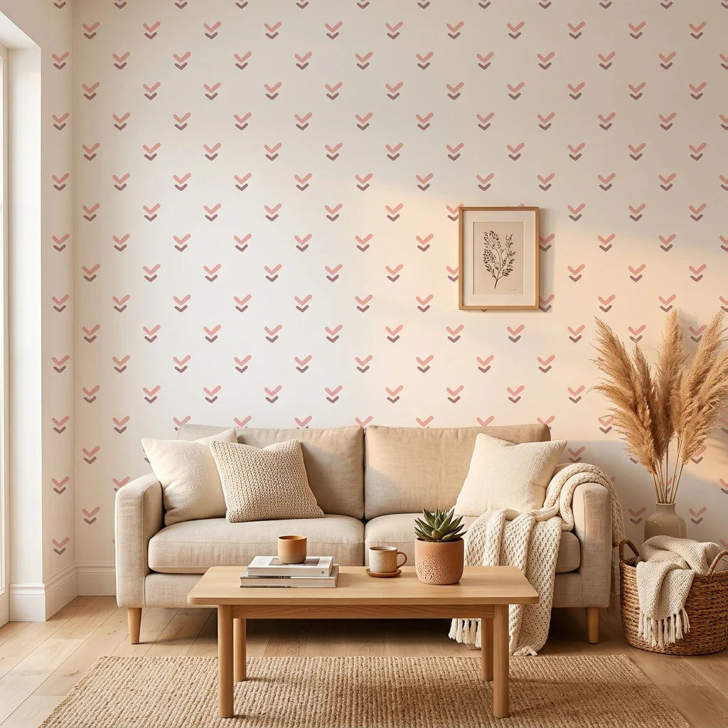 Falling Grace soft pink chevron arrow wallpaper in a warm and inviting living room