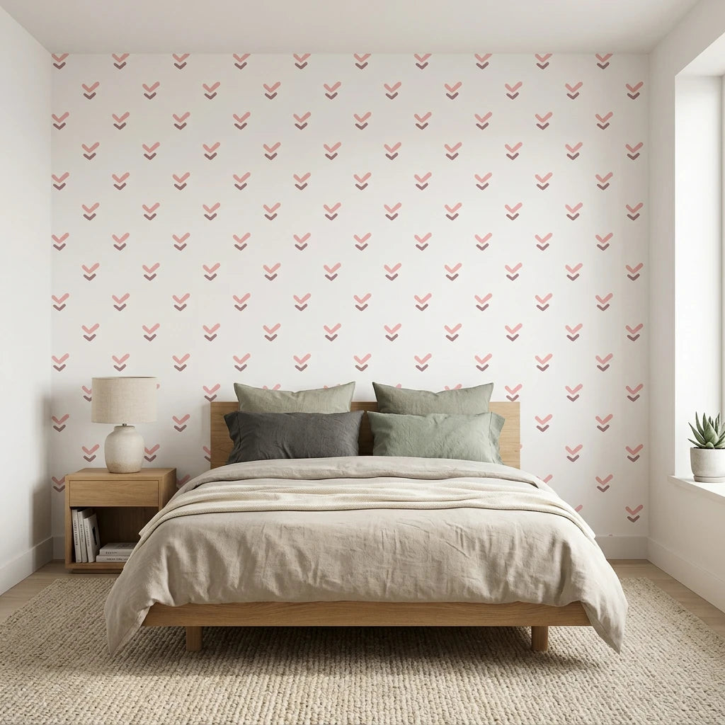 Falling Grace soft pink chevron arrow wallpaper adding character to a cozy bedroom