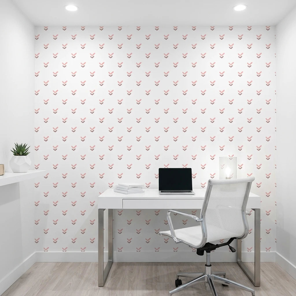Falling Grace soft pink chevron arrow wallpaper as a feature wall in a bright home office