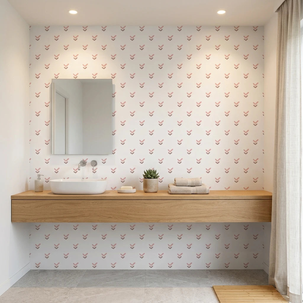 Falling Grace soft pink chevron arrow wallpaper creating ambiance in a serene bathroom