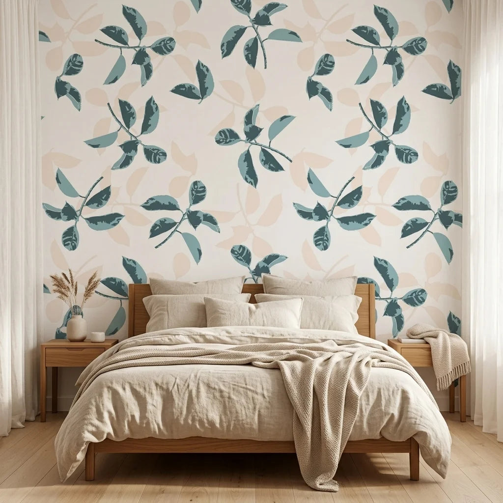 Falling Softly blue botanical peel and stick wallpaper adding character to a cozy bedroom