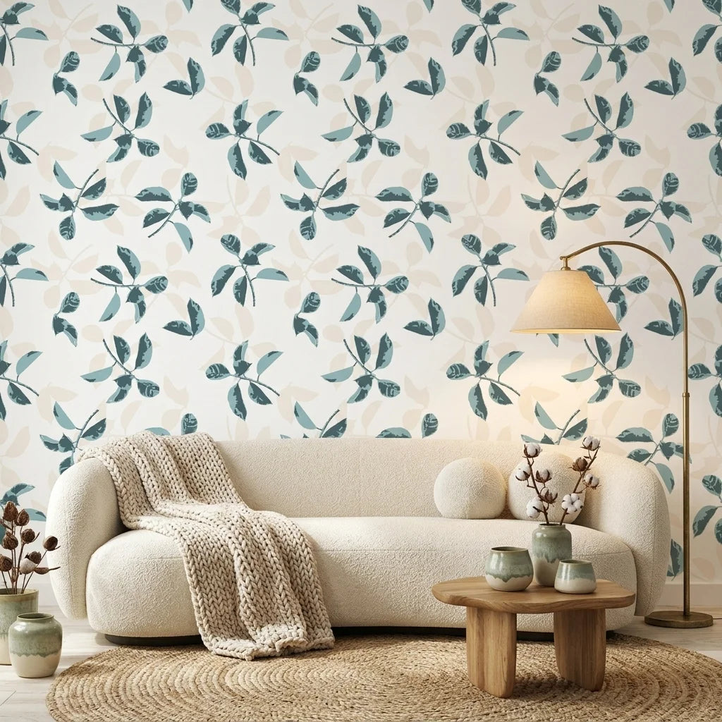 Falling Softly blue botanical peel and stick wallpaper in a warm and inviting living room