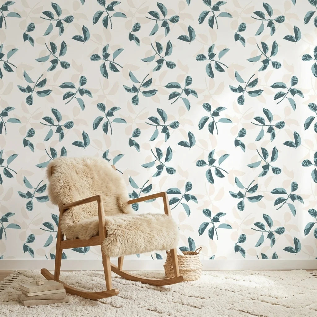 Falling Softly blue botanical peel and stick wallpaper bringing warmth to a peaceful nursery
