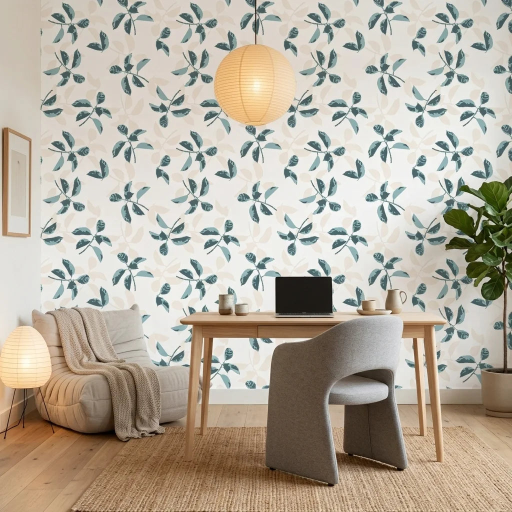 Falling Softly blue botanical peel and stick wallpaper as a feature wall in a bright home office