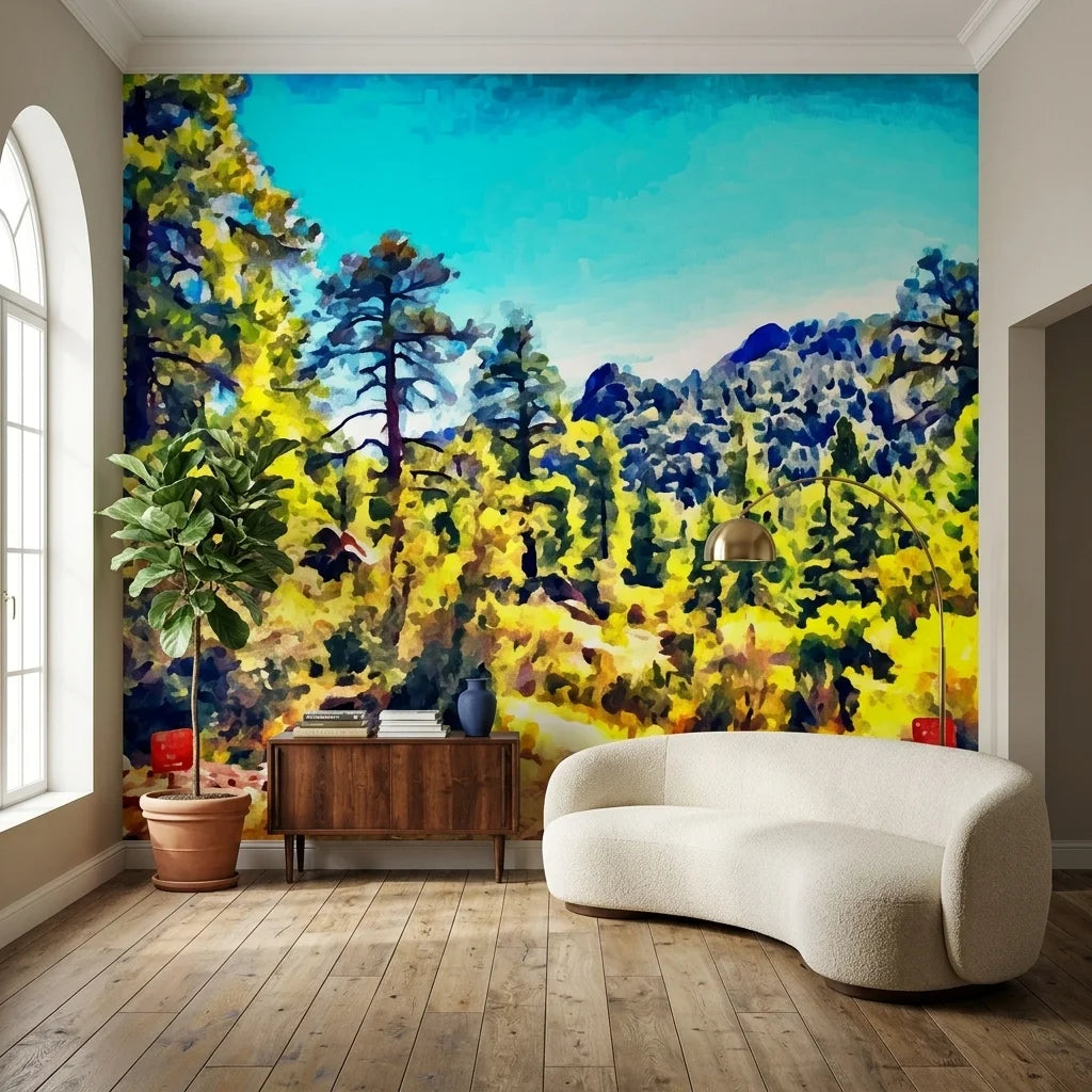 Textured green mountain pine forest landscape peel and stick wallpaper - Far Pines