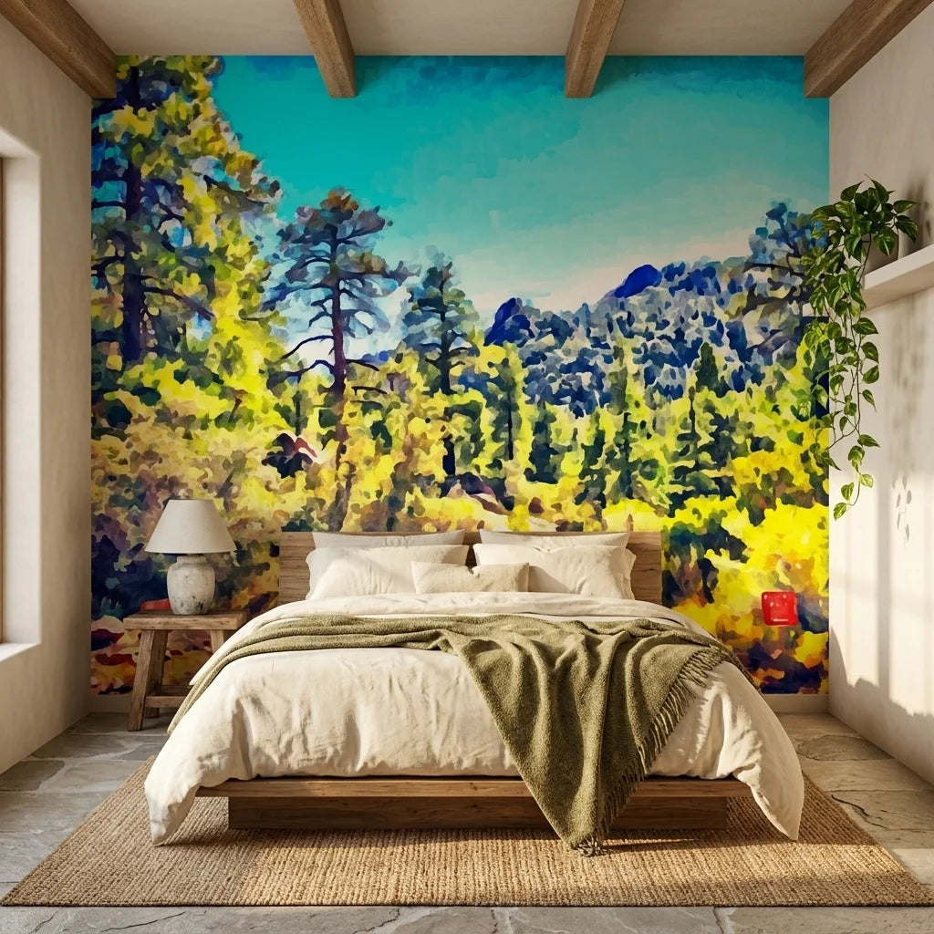 Far Pines green mountain forest landscape wallpaper in a warm and inviting living room