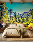 Far Pines green mountain forest landscape wallpaper in a warm and inviting living room