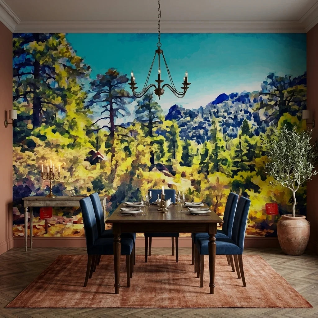 Far Pines green mountain forest landscape wallpaper adding character to a cozy bedroom