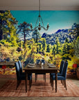 Far Pines green mountain forest landscape wallpaper adding character to a cozy bedroom