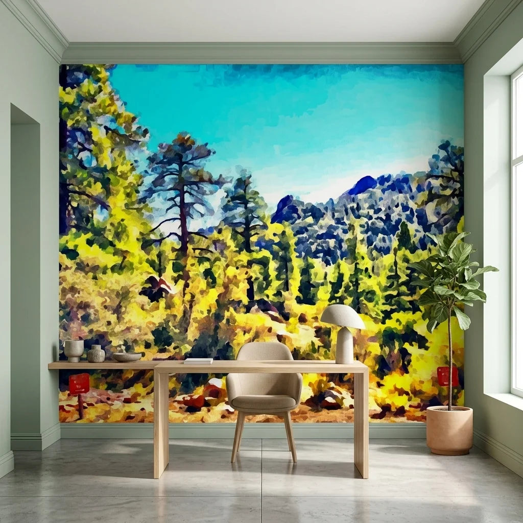 Far Pines green mountain forest landscape wallpaper as a feature wall in a bright home office