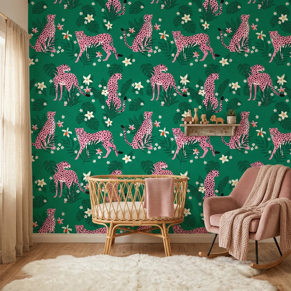 Feline Bloom cat and flower wallpaper in a warm and inviting living room