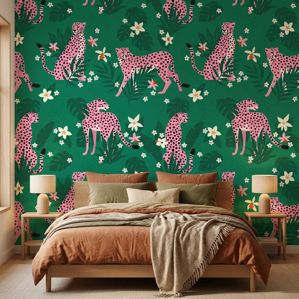 Feline Bloom cat and flower wallpaper adding character to a cozy bedroom
