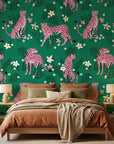 Feline Bloom cat and flower wallpaper adding character to a cozy bedroom