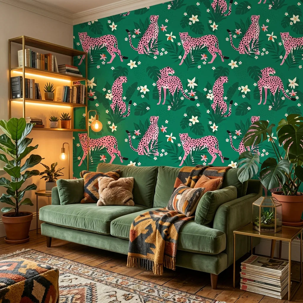 Feline Bloom cat and flower wallpaper as a feature wall in a bright home office