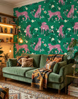 Feline Bloom cat and flower wallpaper as a feature wall in a bright home office