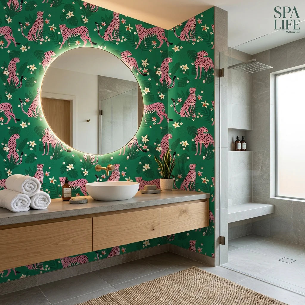 Feline Bloom cat and flower wallpaper creating ambiance in a serene bathroom