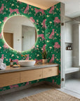 Feline Bloom cat and flower wallpaper creating ambiance in a serene bathroom
