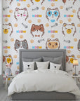 Adorable feline faces and paw tracks on self-adhesive wall mural - Feline Whimsy