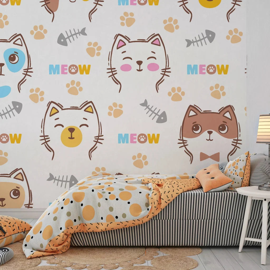 Removable wallpaper featuring charming cat expressions and small paw silhouettes - Feline Whimsy