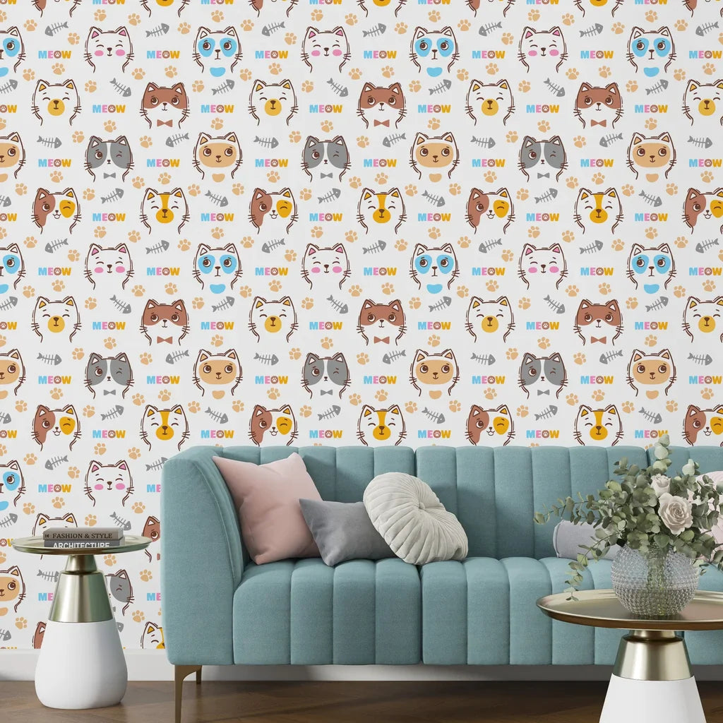 Minimalist cat portraits and paw markings decorative adhesive wall liner - Feline Whimsy