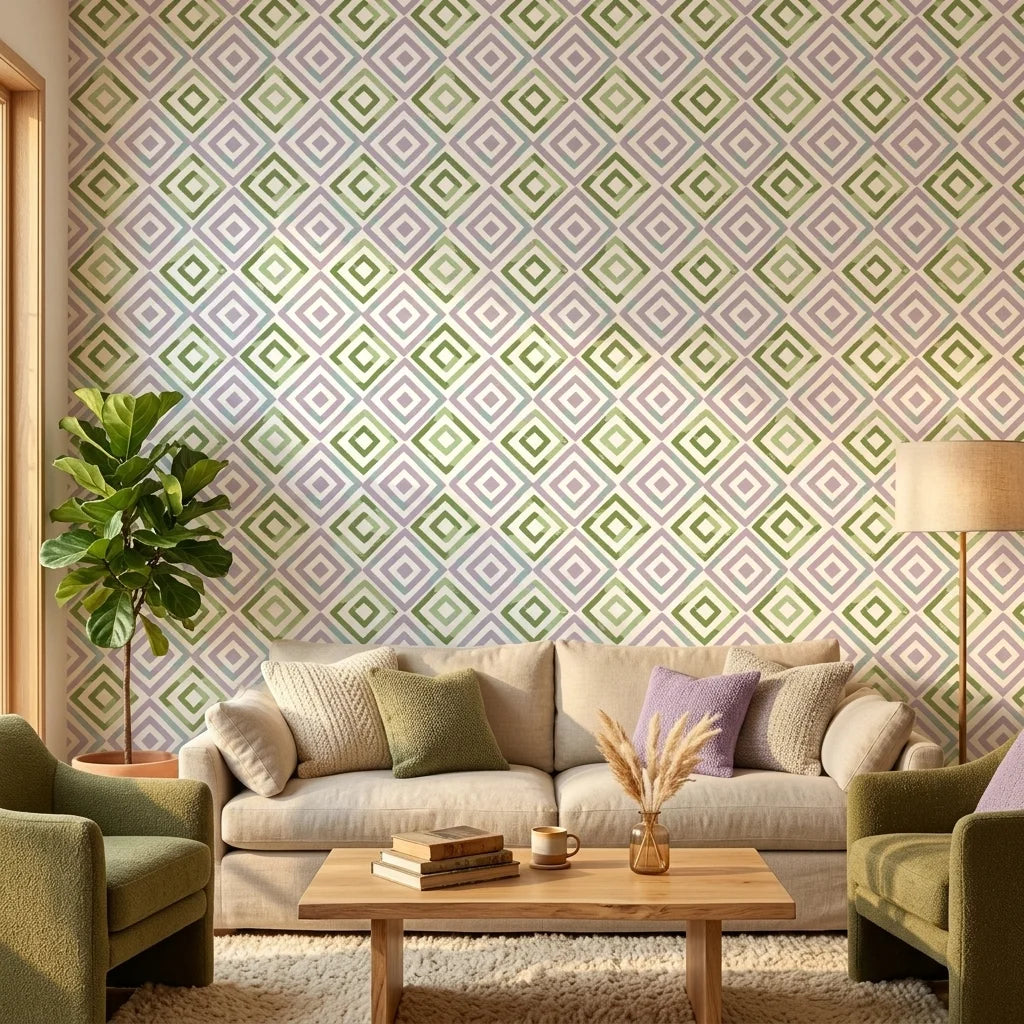 Fern Lattice pastel geometric peel and stick wallpaper in a warm and inviting living room