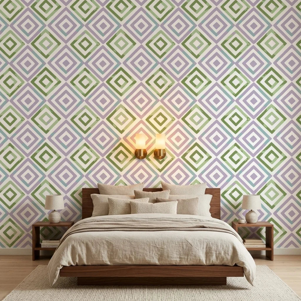 Fern Lattice pastel geometric peel and stick wallpaper adding character to a cozy bedroom