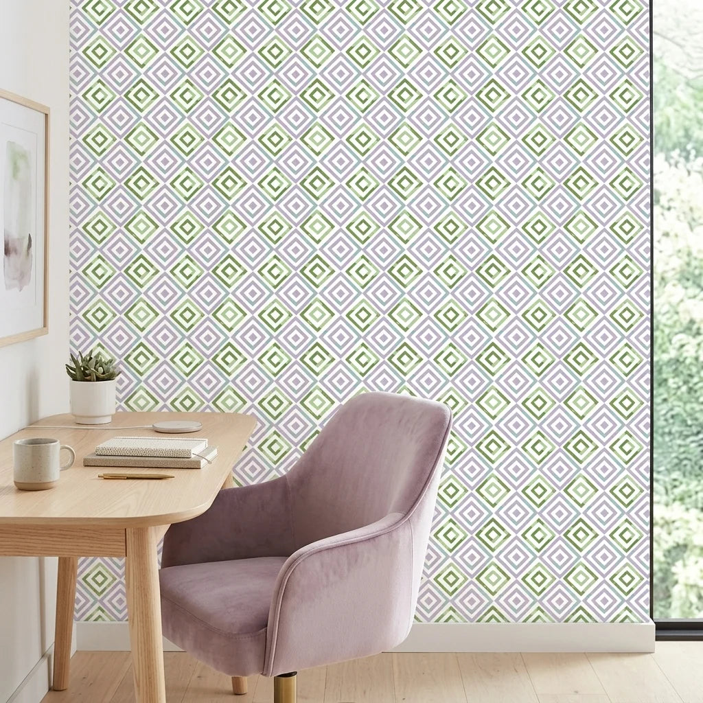 Fern Lattice pastel geometric peel and stick wallpaper as a feature wall in a bright home office