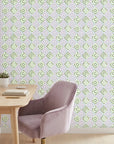 Fern Lattice pastel geometric peel and stick wallpaper as a feature wall in a bright home office