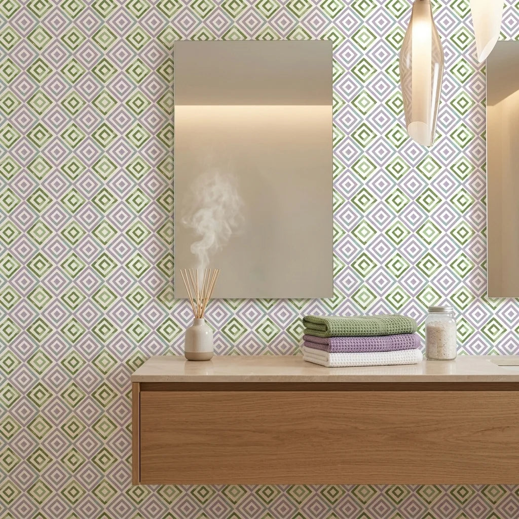 Fern Lattice pastel geometric peel and stick wallpaper creating ambiance in a serene bathroom