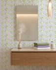 Fern Lattice pastel geometric peel and stick wallpaper creating ambiance in a serene bathroom