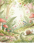 Whimsical Fern & Wonder wallpaper featuring watercolor forest scene with red mushrooms, ferns, and woodland creatures