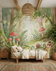 Whimsical Fern & Wonder wallpaper mural featuring enchanted forest with mushrooms, ferns, and woodland creatures in a child's bedroom