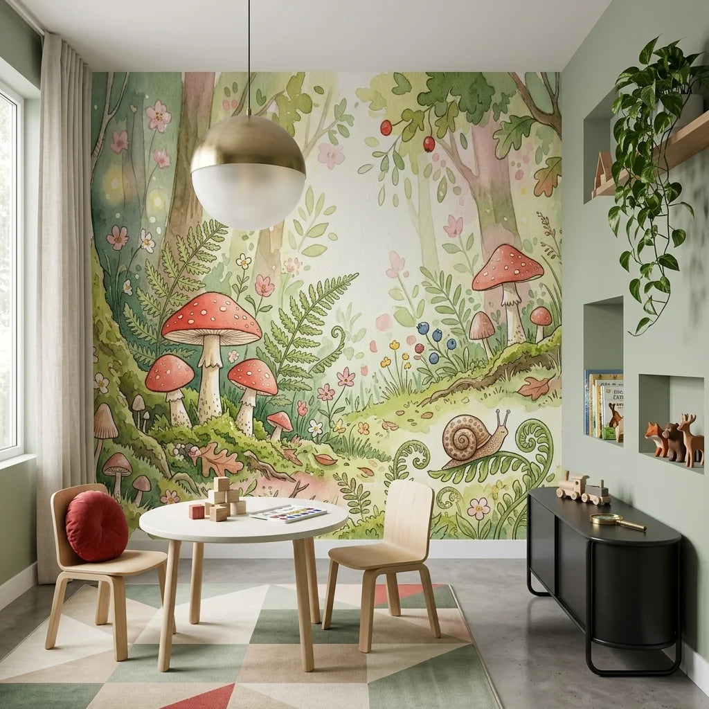 Fern & Wonder removable wallpaper transforming children's playroom with whimsical forest scene featuring mushrooms and ferns