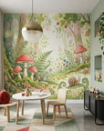 Fern & Wonder removable wallpaper transforming children's playroom with whimsical forest scene featuring mushrooms and ferns